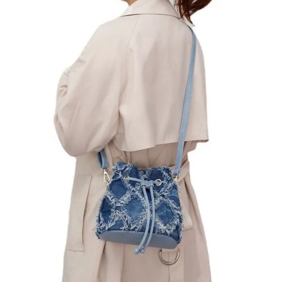 Handbags - Denim Jean Crossbody Bucket Shoulder Bag Frayed Blue Ombre  Boho Super Cute